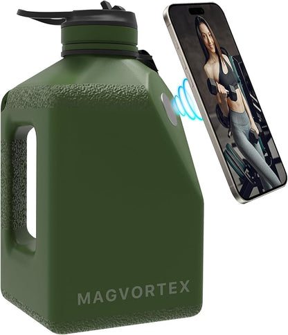 Magvortex Water Bottle 91oz, 2.7 liters BPA-Free Plastic, Magnetic Phone Holder, Wide Mouth, Leakproof Flip-Top Lid, Large Daily Intake Chug Bottle for Hydration, Gym, Hiking & Daily Use