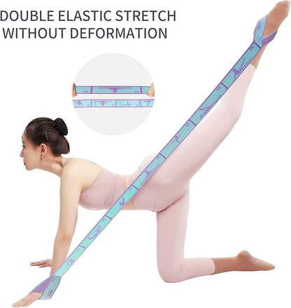 Elastic Yoga Stretching Strap with 9 Loops Pattern Guide, Stretch Straps for Pilates, Dance, Gymnastics Physical Therapy, Multi-Loop Adjustable Exercise Bands