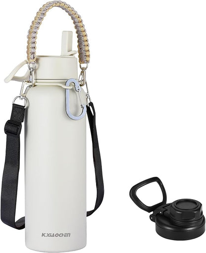 KXIAOCHEN Insulated Water Bottle, Stainless Steel Water Bottle, 2 Lids (Straw and Handle Lid),Wide Mouth Metal Water Bottles Keep Hot and Cold, Double Walled, Thermo Mug, Metal Canteen