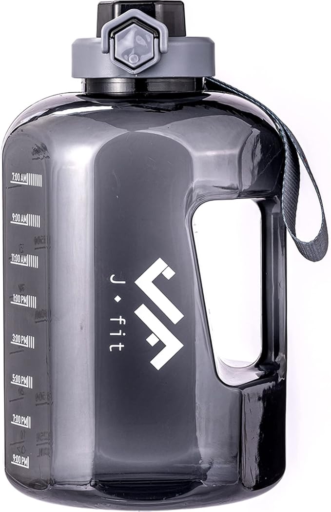 JFIT BPA Free Reusable Sports Water Bottle w/Time Markers, Leakproof Flip-Top Lid & Carry Strap – Durable PETG, 2.28" Wide-Mouth for Ice – Eco-Friendly, Odor-Free & Easy to Clean