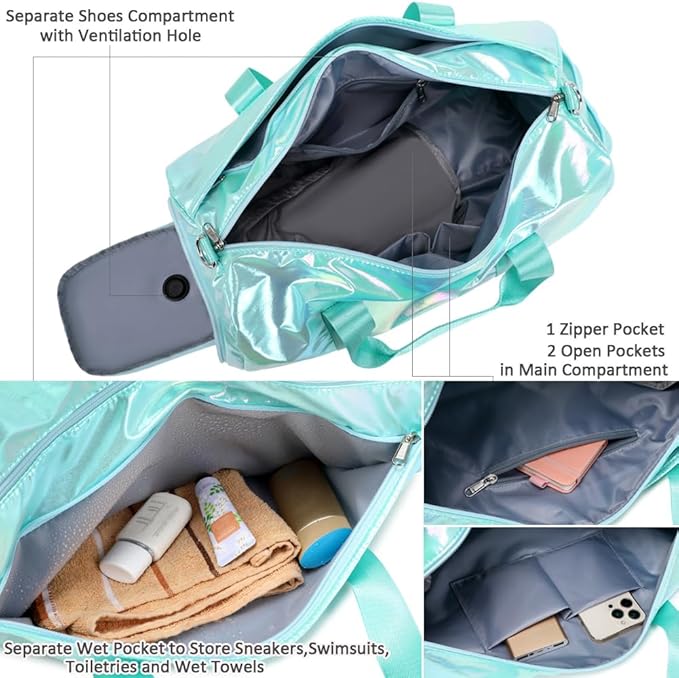 Gym Bag for Girls Sports Duffle Bag for Teen Girls Dance Bag with Shoes Compartment Wet Pocket Overnight Sleepover Bag Travel Duffle for Girls Teens