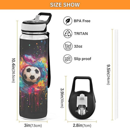 ALAZA Watercolor Soccer Ball Sport Sports Water Bottle with Straw Tritan Drink Bottle 32 oz BPA Free Reusable for Travel Outdoor Fitness