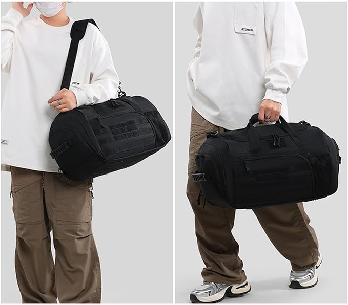 Gym Bag for Men Women, Sports Travel Duffle Bag with Shoe Compartment, 35L Waterproof Carry On Overnight Bag MOLLE System for Workout Fitness Travel Black