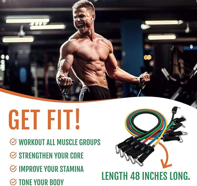 12 Pc Resistance Bands Set - 5 Workout Bands, Cushioned Ankle Straps, Padded Handles, Door Anchor & Waterproof Gym Bag - Home Exercise, Strength Training, Physical Therapy, Yoga Fitness Gear