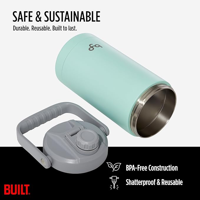 Built Byo 64 Oz Double Walled Insulated Stainless Steel Bottle (Mint) - BPA-Free Leakproof Chug Lid, Durable Sweat-Proof Silicone Grip Handle - Hydration Essential for Gym, Fitness, Healthy Lifestyle