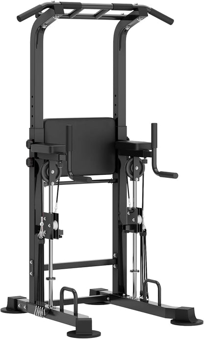 DlandHome Power Tower, Height Adjustable Pull Up Bar Dip Station with Assisted Pad, Multi-Function Home Gym Strength Training Fitness Equipment 330LBS, Black