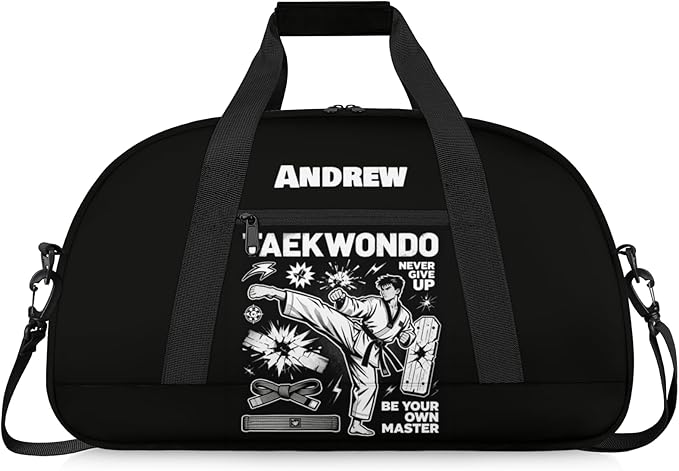 Custom Name Taekwondo Karate Duffle Bag for kids Boy Girls - Personalized Martial Arts Gear Bag, Water-Resistant Sparring Equipment Bag, Taekwondo Black