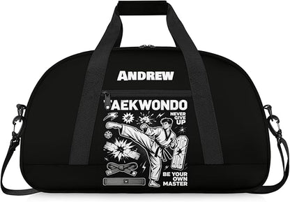 Custom Name Taekwondo Karate Duffle Bag for kids Boy Girls - Personalized Martial Arts Gear Bag, Water-Resistant Sparring Equipment Bag, Taekwondo Black