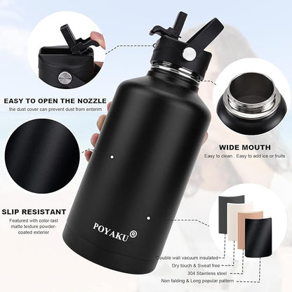 Water Bottle Insulated 32oz 40oz 64oz 128oz Straw Lid Spout Lid & 3 Lids, Leak Proof, Vacuum Insulated,Stainless Steel Water Bottle Wide Mouth for Sports, Gym or Office
