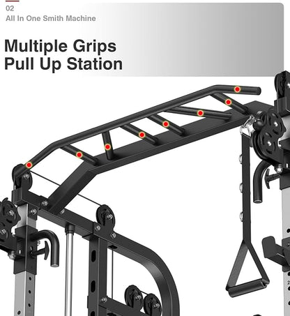 DONOW Smith Machine with Weight Stacks, Multi Function Home Gym System Training Power Cage Squat Rack Dual Cable Crossover Machine All in One