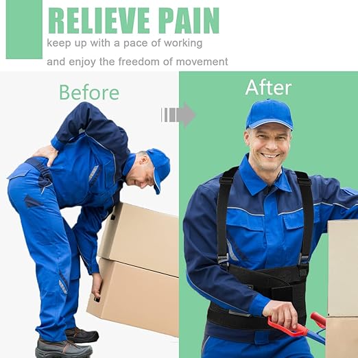 Work Back Brace - Back Support Belt for Lower Back Pain Relief, Heavy Lifting, Herniated Discs - Industrial Back Brace for Work With Shoulder Straps Fits Men and Women S(25"-30")