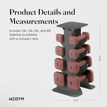 WeGym SafeGrip Square Dumbbells with Anti-Slip Handles, Safe Weight Lifting Equipment for Home Gym, Aesthetic Dumbbell Sets (Starter Set 2+3+5+8LB Pair with Slate Rack - Rose Set)