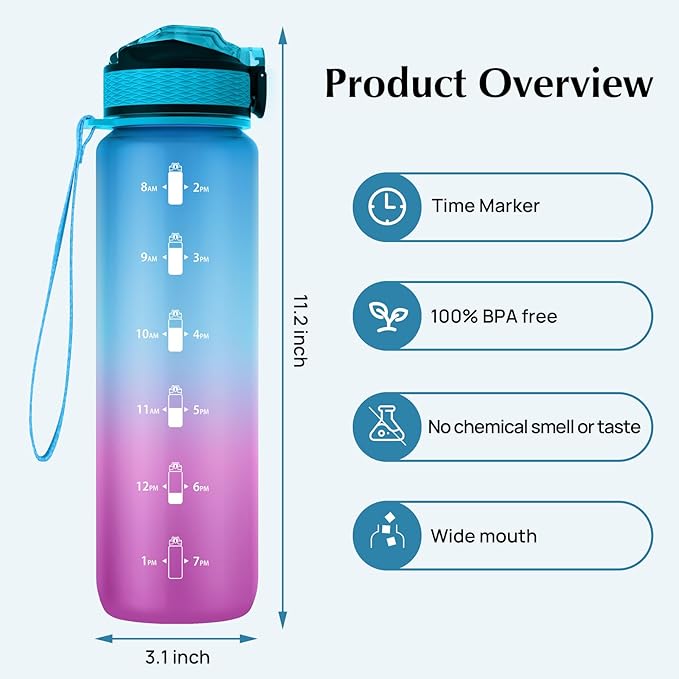 EYQ 32 oz Water Bottle with Time Marker, Carry Strap, Leak-Proof Tritan BPA-Free, Ensure You Drink Enough Water for Fitness, Gym, Camping, Outdoor Sports