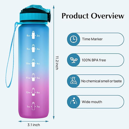 EYQ 32 oz Water Bottle with Time Marker, Carry Strap, Leak-Proof Tritan BPA-Free, Ensure You Drink Enough Water for Fitness, Gym, Camping, Outdoor Sports