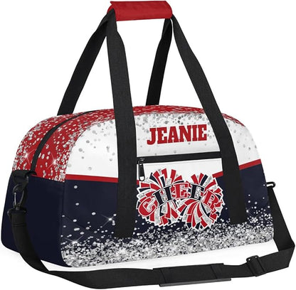 Personalized Cheer Gym Bags for Girls Kids Cheerleaders with Custom Name Sport Dance Perform Training Duffel Bags for Overnight Weekender Travel White Dark Blue