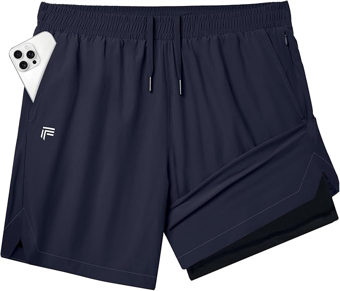 Running Shorts for Men 7 inch Inseam 2 in 1 Quick Dry Athletic Gym Workout Tennis Shorts with Phone Pockets