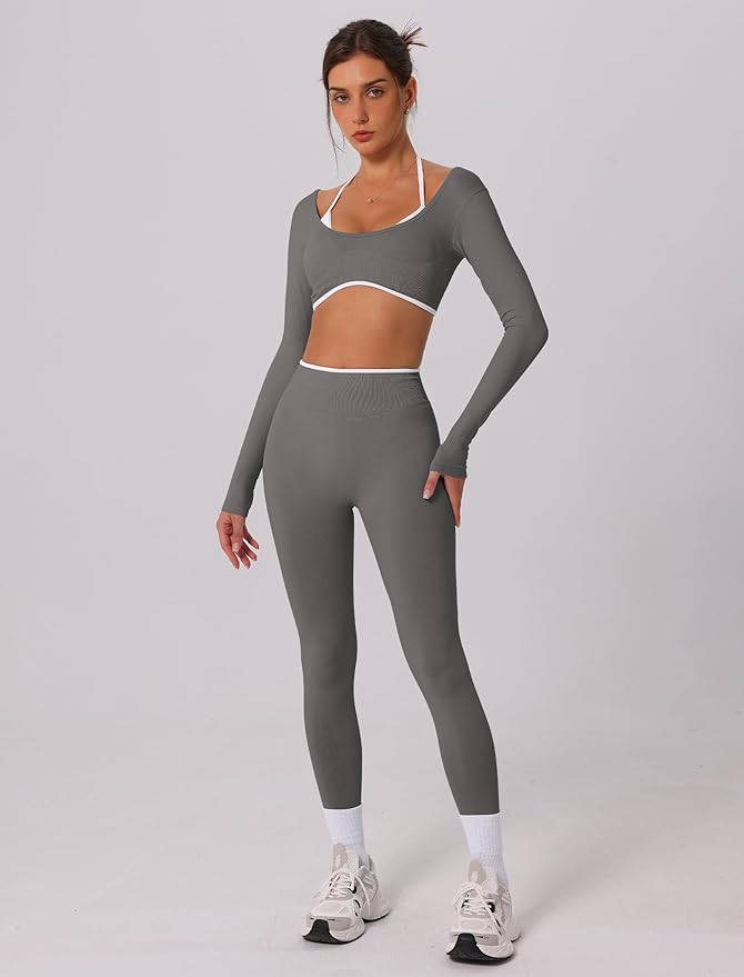 ABOCIW Workout Sets for Women Long Sleeve Crop Top Scrunch Butt Lifting High Waist Leggings 2 Piece Gym Yoga Outfits