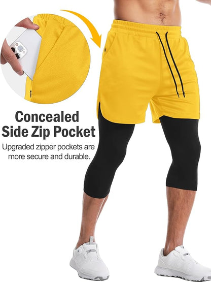 Aolesy Men's 2 in 1 Running Pants, Gym Workout Compression Pants for Men Training Athletic