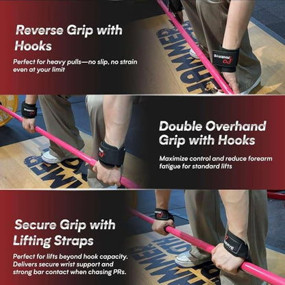 Weight Lifting Hooks & Wrist Straps Set – Lifting Hooks with Anti-Slip Grip, Adjustable Wrist Wraps for Weightlifting, Deadlifts, Powerlifting, Gym Straps for Men and Women, Black-Red