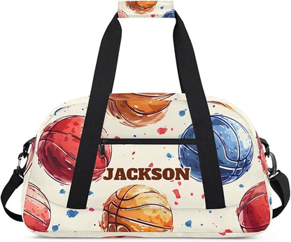 Personalized Basketball Gym Duffel Bags for Kids Boys, Custom Name Sport Training Travel Bags for Overnight Weekender, Beige