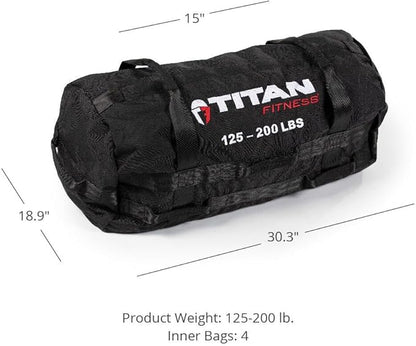 Titan Fitness 125-200 LB PRO Strongman Sandbags, Double Layer, 1050D Cordura, Black, Carry Home Gym Training