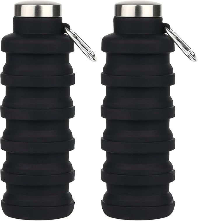 Collapsible Water Bottles,16oz Capacity Portable Reusable Silicone Water Bottle,Leak-proof,with buckle,foldable storage,Lightweight Durable for Fitness,Cycling,Sports,Camping,Hiking (Black+Black)
