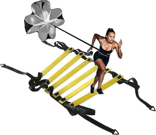 Resistance Parachute Agility Ladder Speed Training Set, 20 Feet Adjustable, 12 Lang Exercise Ladder/Running Parachute/4 Hooks and 10 Disc Cones for Personal Training