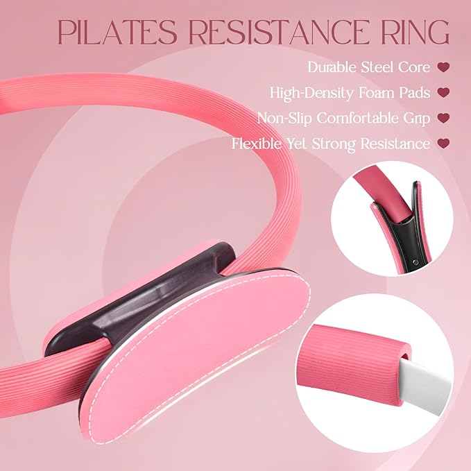 Pilates Kit 14PCS for Women, Pilates Equipment with Pilates Ring Set, Home Pilates Workout Kit, Mini Exercise Ball, Loop Resistance Bands, Stretch Strap, Massage Roller, Grip Socks