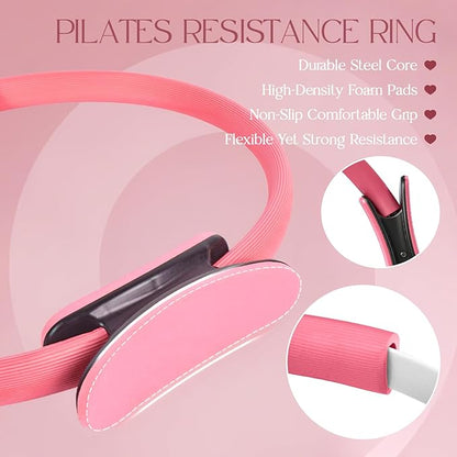 Pilates Kit 14PCS for Women, Pilates Equipment with Pilates Ring Set, Home Pilates Workout Kit, Mini Exercise Ball, Loop Resistance Bands, Stretch Strap, Massage Roller, Grip Socks