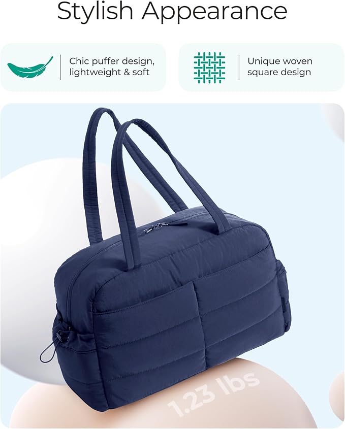 BAGSMART Gym Bag for Women, Lightweight Puffer Duffle Bag 2-PC Travel Bag, 31L Weekender Overnight Bag Quilted Carry On Tote Bag, Diaper Hospital Dance bag for Travel, Gym, Water Resistant, Navy Blue