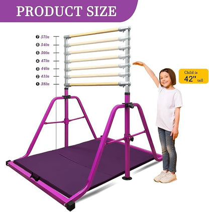 Foldable & Moveable Gymnastics Horizontal Bar with Rings,3’to 5’Adjustable Height Expandable Junior Kip Bar for Home,Indoor Gym Equipment for Kids