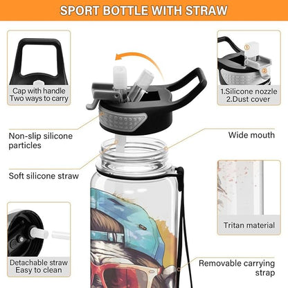 ALAZA Cool Monkey Sports Water Bottle with Straw Tritan Drink Bottle 32 oz BPA Free Reusable for Travel Outdoor Fitness
