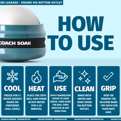 Coach Soak Massage Roller Ball – Dual Hot & Cold Stainless Steel CryoBall with Silicone Control Grip, Handheld Recovery Roller Glides Easily for Deep Tissue Massage – 2X Magnesium Cream Included