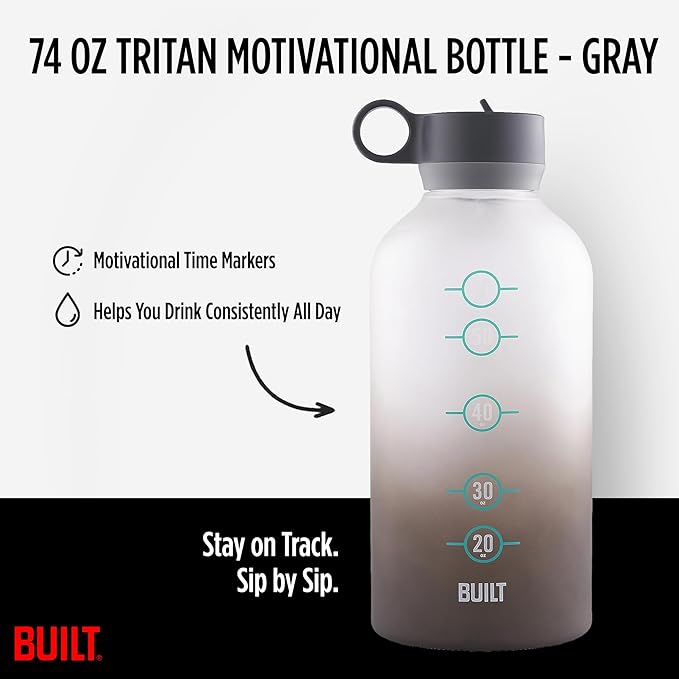 Built 74 Oz Tritan Motivational Bottle with Straw (Gray) - BPA-Free & Leakproof with Wide Mouth, Carry Handle Lid, Dishwasher Safe - Hydration Tracker for Gym, Fitness, Healthy Lifestyle