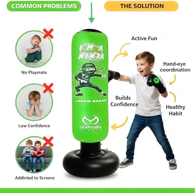 Marwan Sports Punching Bag for Kids with Boxing Gloves Ages 4-12 – 63" Inflatable Boxing Bag for Kids, Fast Rebound Set, Christmas & Birthday Gift for Boys & Girls