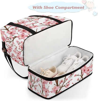 Foldable Travel Duffel Bag for Women, Overnight Weekender Bag Cherry Blossom Floral Carry on Duffel Bag Luggage Sports Gym Tote Bag with Shoes Compartment, Water Rresistant Shoulder Bag