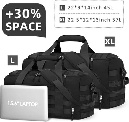 ZOMFELT Tactical Gym Bags for Men, Travel Duffle Bag with Removable Dividers & Innovative Shoe Compartment, 3-in-1 Waterproof MOLLE Gym Duffel Backpack, Airplane Carry-On Approved, Black