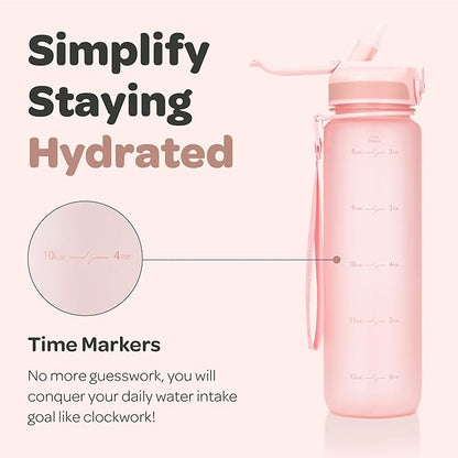 Hydracy Water Bottle with Time Marker -Large BPA Free Water Bottle & No Sweat Sleeve -Leak Proof Gym Bottle with Fruit Infuser Strainer & Times to Drink -Ideal for Fitness Sports & Outdoors