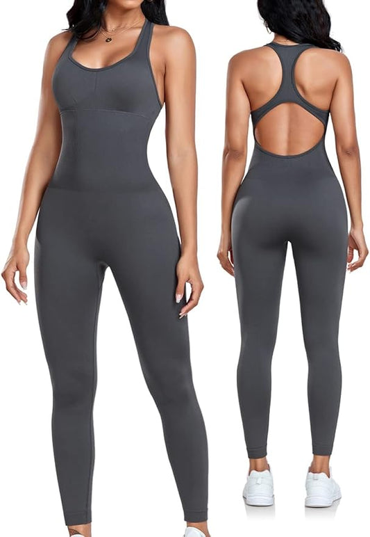 OLCHEE Womens Workout Jumpsuits Seamless Yoga Gym Bodycon Rompers Sexy Racerback Tummy Control Padded Bra Unitard