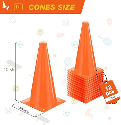 12 Inch Durable Cones,12pcs Versatile Plastic Traffic Cones and Soccer Cones for Sports Training,Agility Drills,Parking Safety,Basketball Training,Football Training.
