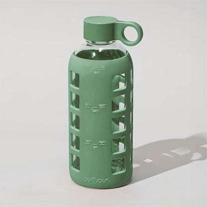 purifyou 40oz / 32oz / 22oz / 12oz Borosilicate Glass Water Bottle with Time & Volume Markers, Silicone Sleeve, Stainless Steel Lid | Reusable Glass Bottle for Water & Juice (22oz Shale Green)
