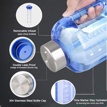 Half Gallon Water Bottle with Infuser, BPA Free 84oz Large Water Bottle Dishwasher Safe Hydration with Motivational Time Mark Leak-Proof 2.5L Sports Water Bottle for Camping Sports Workouts(Black)