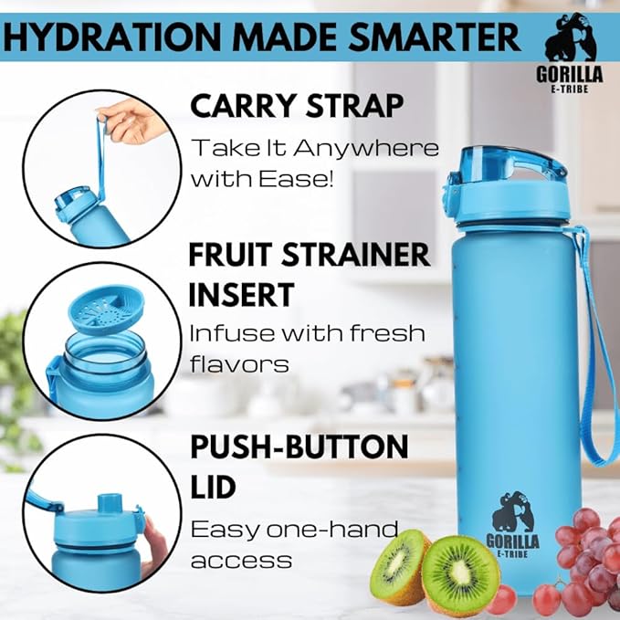Blue Water Bottle Time Marker (32oz) - Daily Intake Tracking - BPA Free & Leak Proof Protein Shake Bottle - Ideal for Gym, Office, School & Hiking