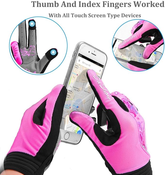 DuShow Bike Gloves for Women Cycling,Pink Floral Workout Gloves Women,Full Finger Biking Driving Riding Gloves for Women,Gel Padded Touch Screen Gym Gloves
