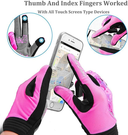 DuShow Bike Gloves for Women Cycling,Pink Floral Workout Gloves Women,Full Finger Biking Driving Riding Gloves for Women,Gel Padded Touch Screen Gym Gloves