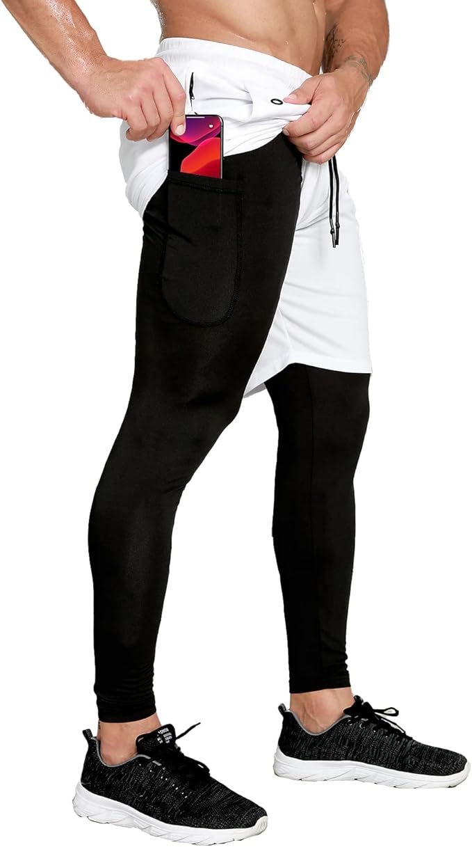 OEBLD Mens 2 in 1 Athletic Running Pants Quick Dry Gym Workout Shorts for Men Compression Pants with Pockets