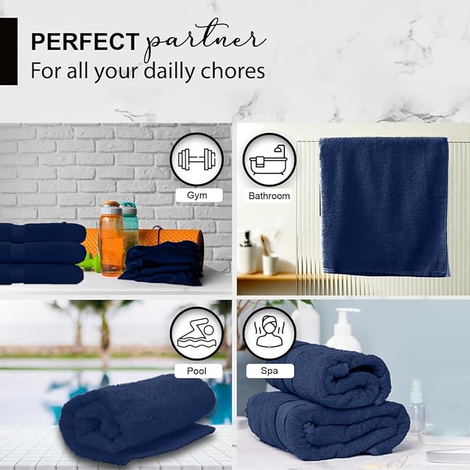 100% Cotton Bath Towels, Navy 24x48 Pack of 6 Towels, Quick Dry, Highly Absorbent, Soft Feel Towel, Gym, Spa, Bathroom, Shower, Pool, Luxury Soft Towels (24x48-6 Pack, Navy)