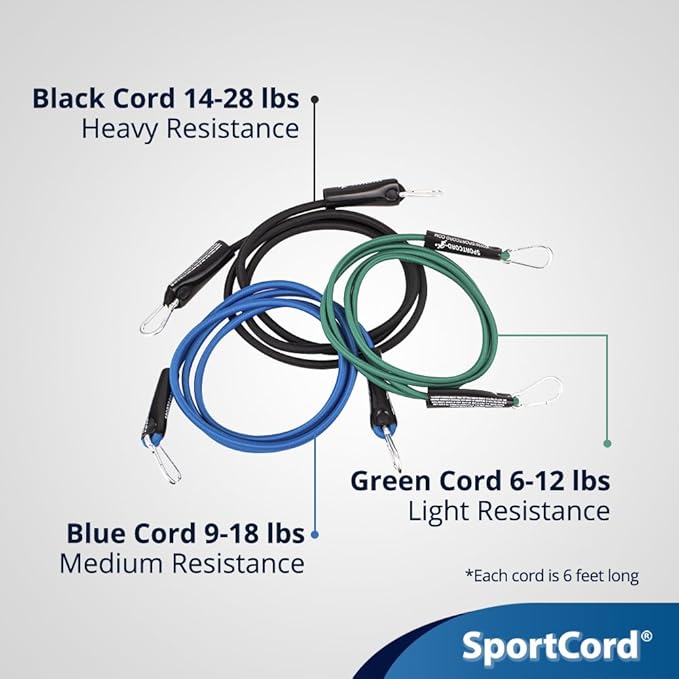 Resistance Band Workout Set – 7-Piece Bungee Cord Fitness System for Home, Office & Travel – Low-Impact Physical Therapy Exercise Bands: Light, Medium & Heavy + Deluxe Handles & Door Anchor