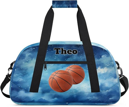 Custom Basketball Sports Bag for Men Boys, Personalized Sport Bag Travel Overnight Small Duffel Bag Gymnastics Workout Sleepover Overnight Bag, Watercolor Blue Galaxy Starry Sky
