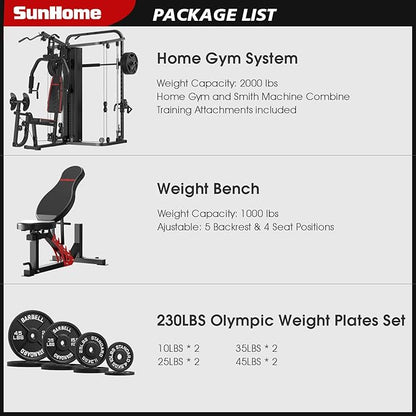 SunHome Multifunction Home Gym Equipment Workout Station, Smith Machine with 138LB Weight Stack, Leg Press, LAT Station for Full Body Training